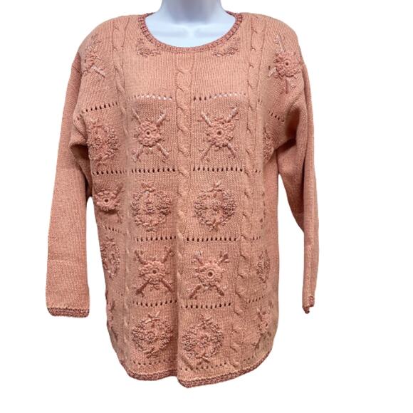 Worthington Pink Embroidered Vintage Crochet Squares Front Pullover Sweater M - Picture 1 of 9